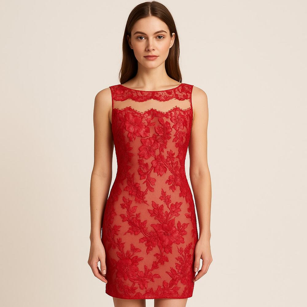 Marchesa Notte Red Lace Illusion Sheath Dress – Size‎ 8